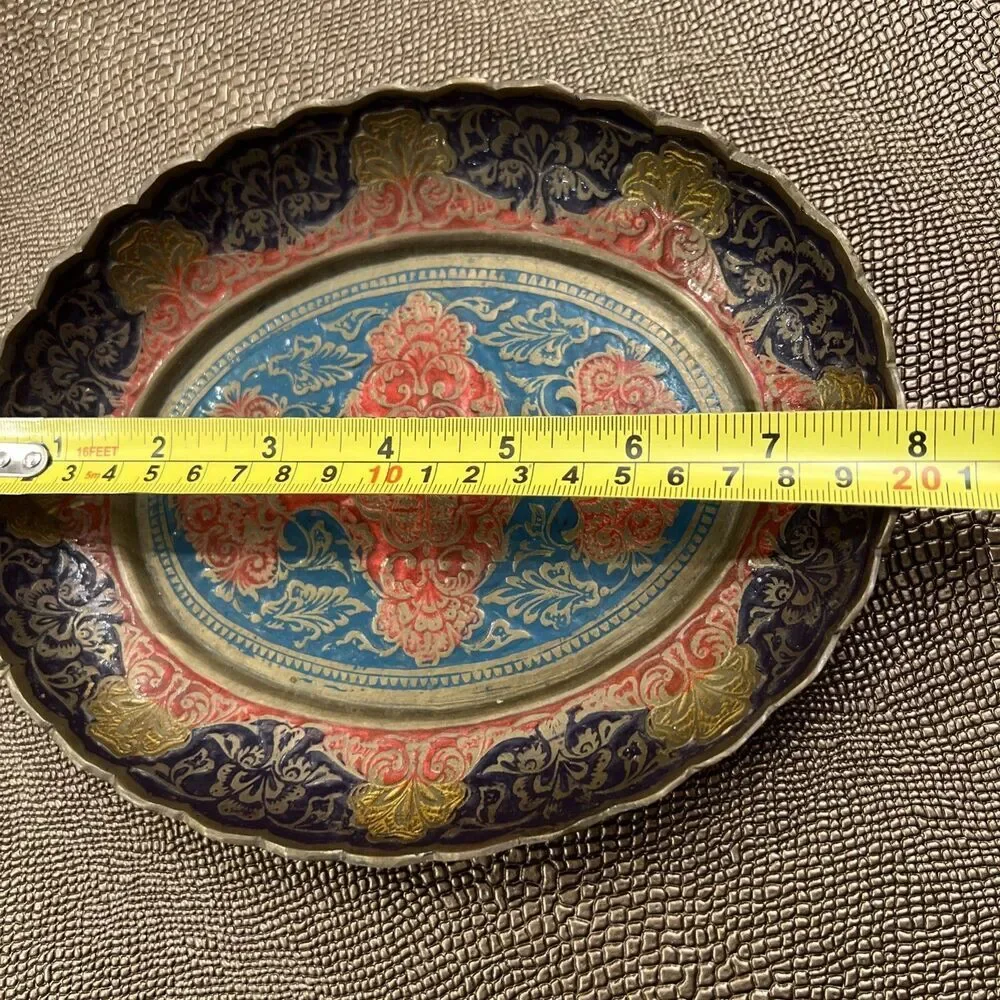 VTG Orient Bronze Plate Inlaid Design Decorative Hand Carved Fruit Bowl India